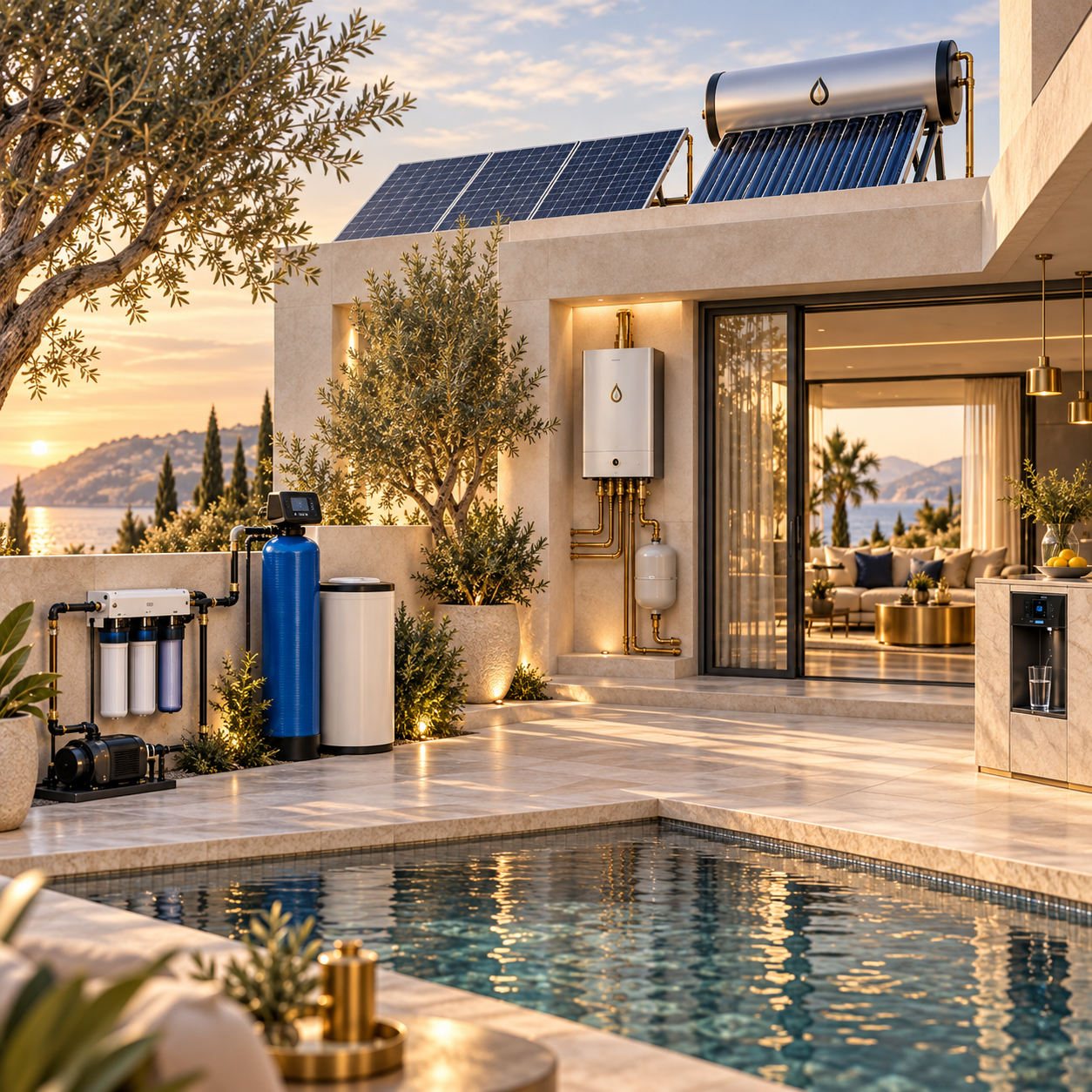 حلول المياه والطاقة من Family Pure داخل فناء منزل فاخر